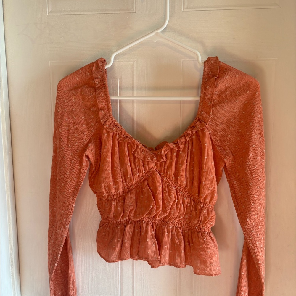 Orange Puff Sleeve Ruched Blouse
